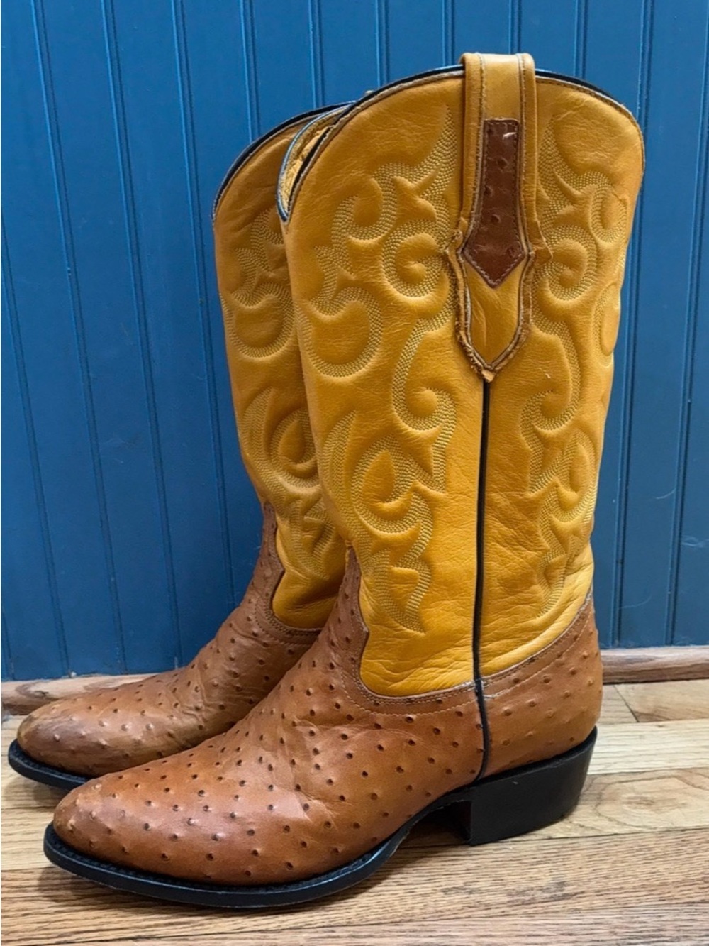 Vintage mustard yellow and cognac brown ostrich leather mantequilla cowboy boots